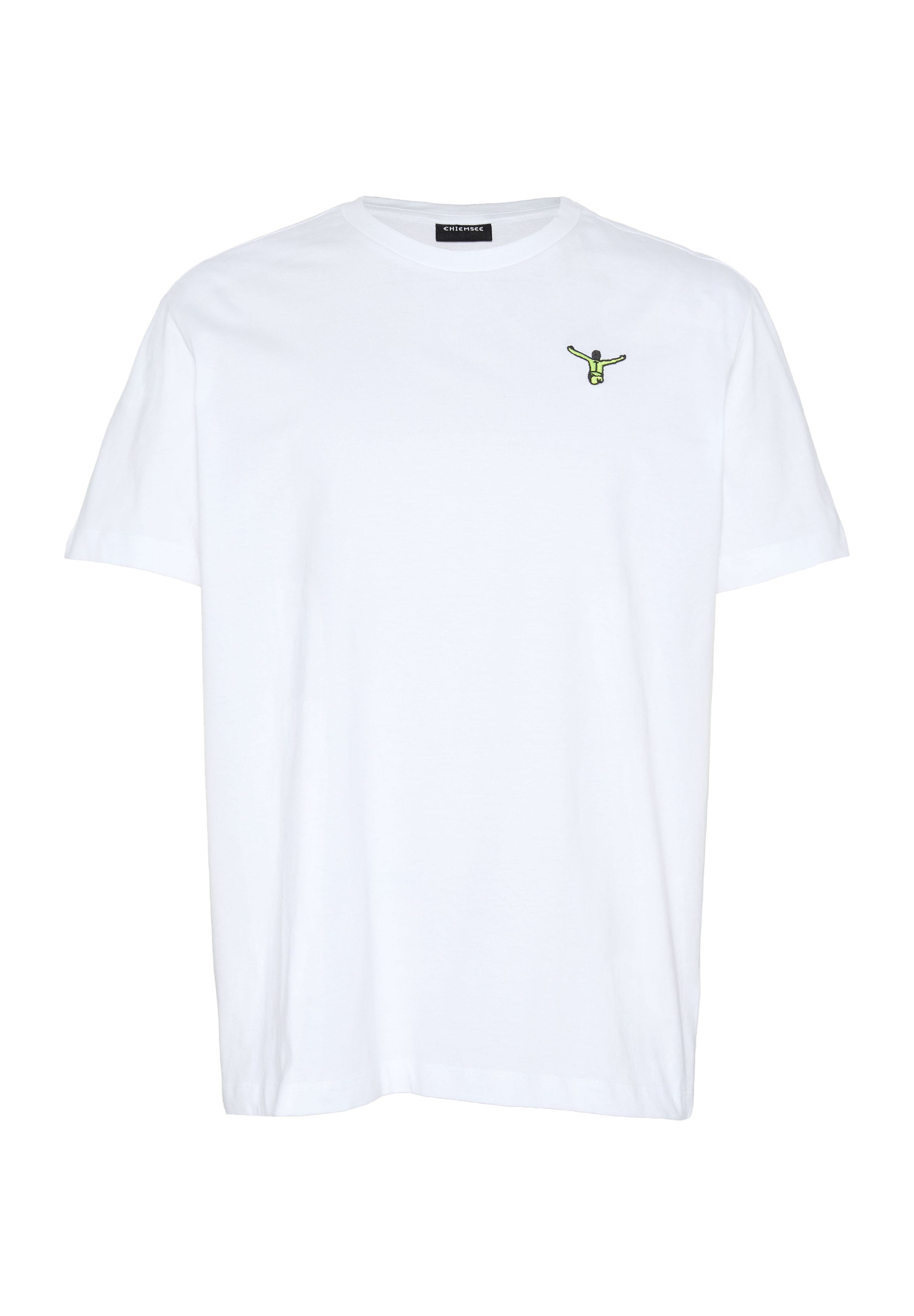 Weißes T-Shirt mit kurzen Ärmeln und Rundhalsausschnitt, mit kleinem grünem Taucher-Logo auf der linken Brust und "Chiemsee"-Etikett im Kragen.