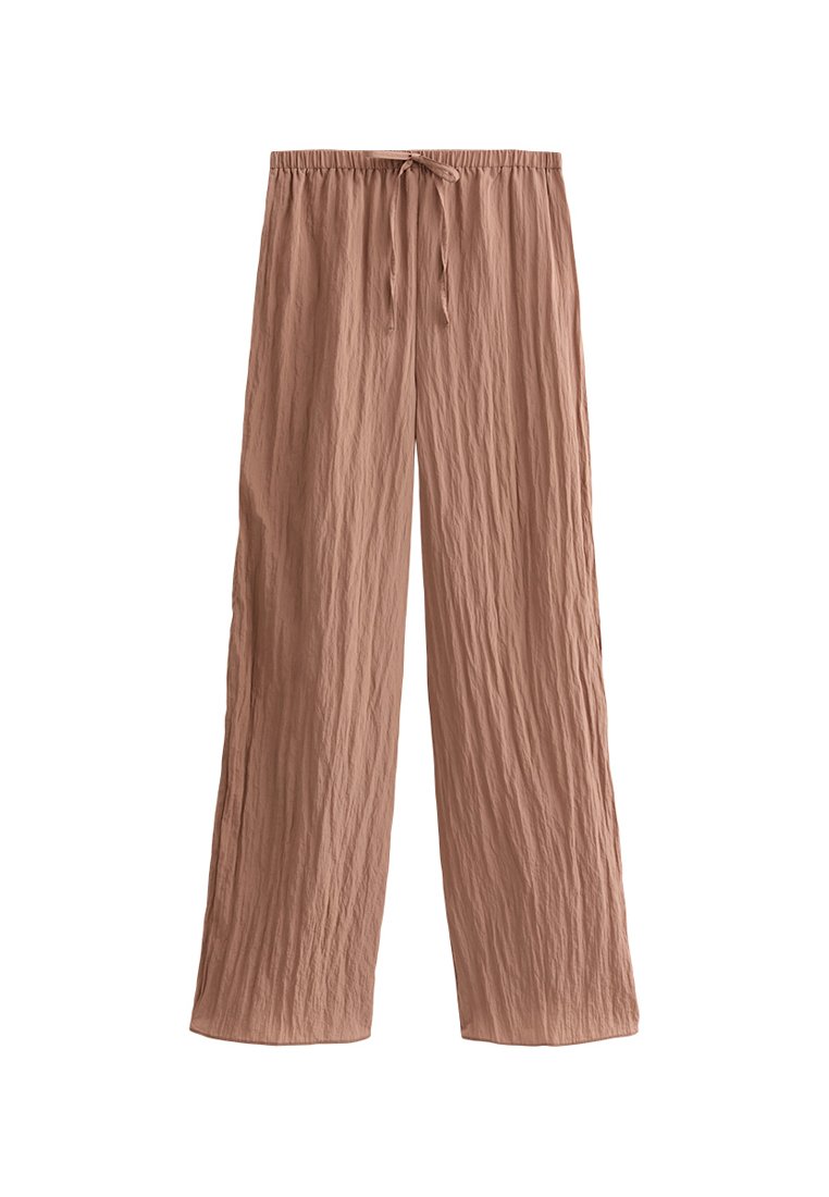 Leichte, pfirsichfarbene, crinkled Stoffhosen mit weit geschnittenem Bein und elastischem Bund mit einer Bindeschnur.
