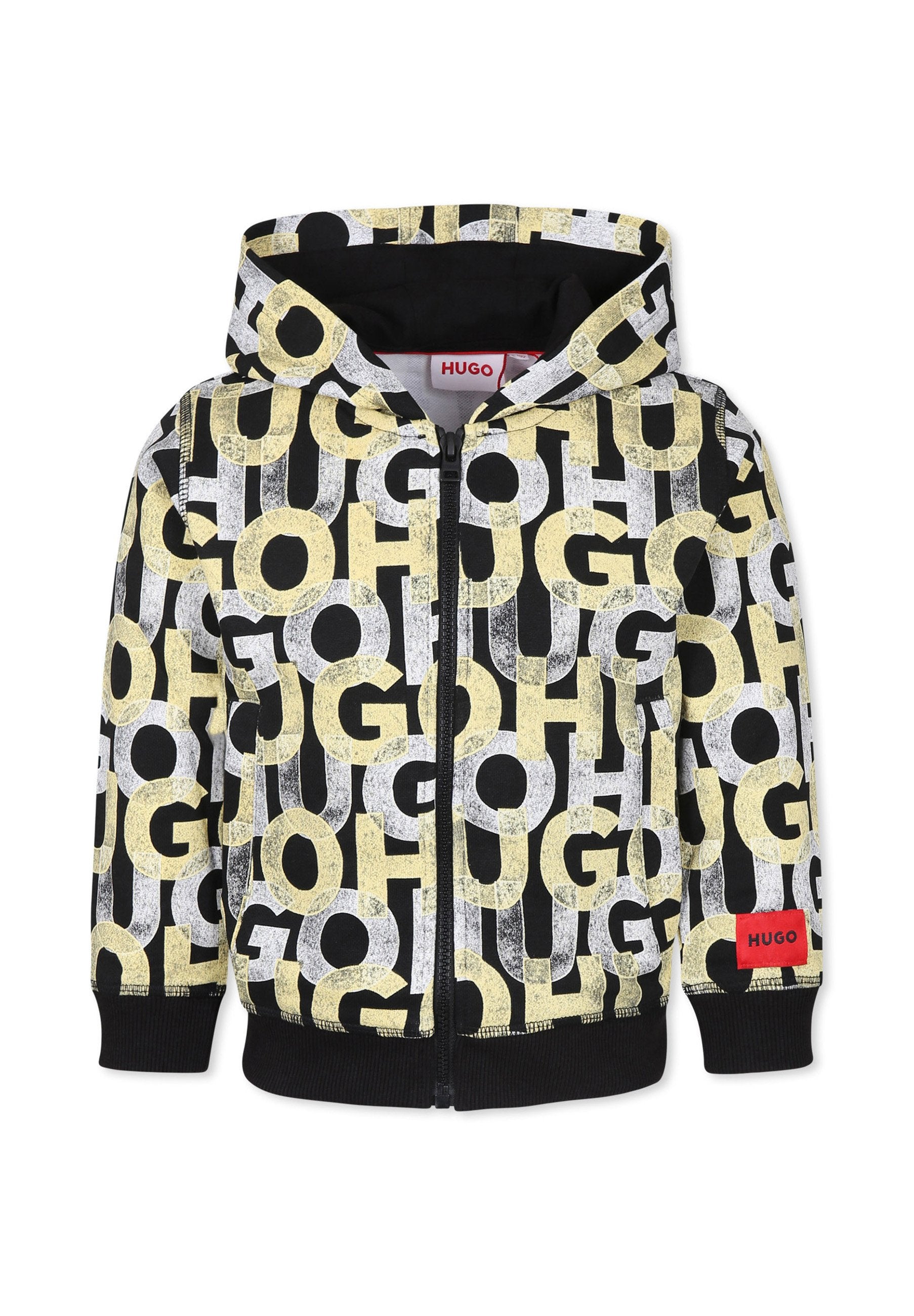 Schwarze Kapuzen-Sweatjacke mit Reißverschluss, ausgestattet mit großen gelben und weißen Grafikbuchstaben. Rotes "HUGO"-Label auf der Vorderseite. Weicher Stoff, gerippte Bündchen.