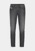 Dunkelgraue Jeans aus Denim mit geradem Schnitt, fünf Taschen-Design und subtiler Ausbleichung. Verfügt über einen Metallknopf und gestickte Akzente.