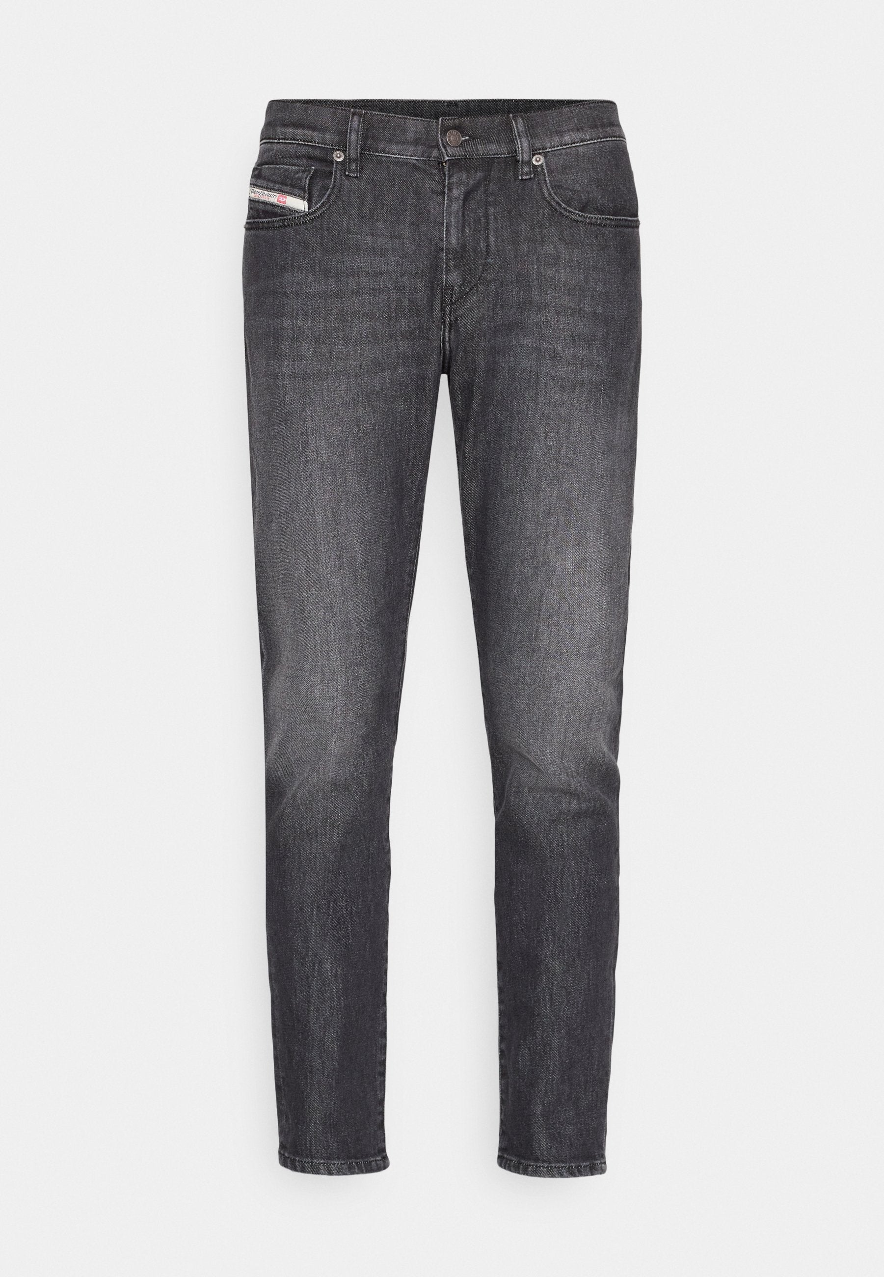 Dunkelgraue Jeans aus Denim mit geradem Schnitt, fünf Taschen-Design und subtiler Ausbleichung. Verfügt über einen Metallknopf und gestickte Akzente.