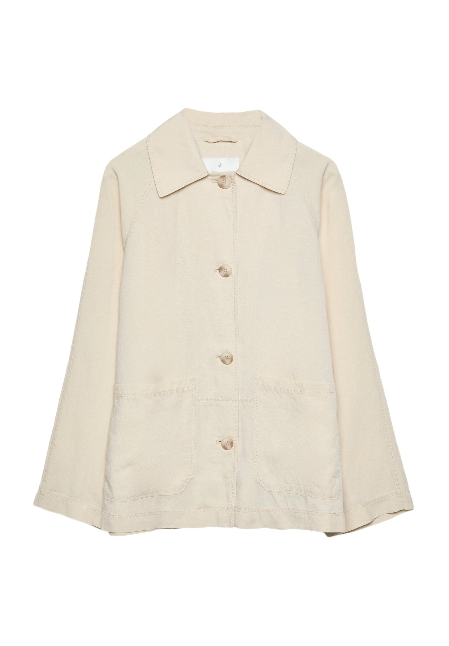 Beige Baumwolljacke mit lockerer Passform, großem Kragen und drei vorderen Knöpfen. Verfügt über zwei vordere Taschen und eine subtile Textur.