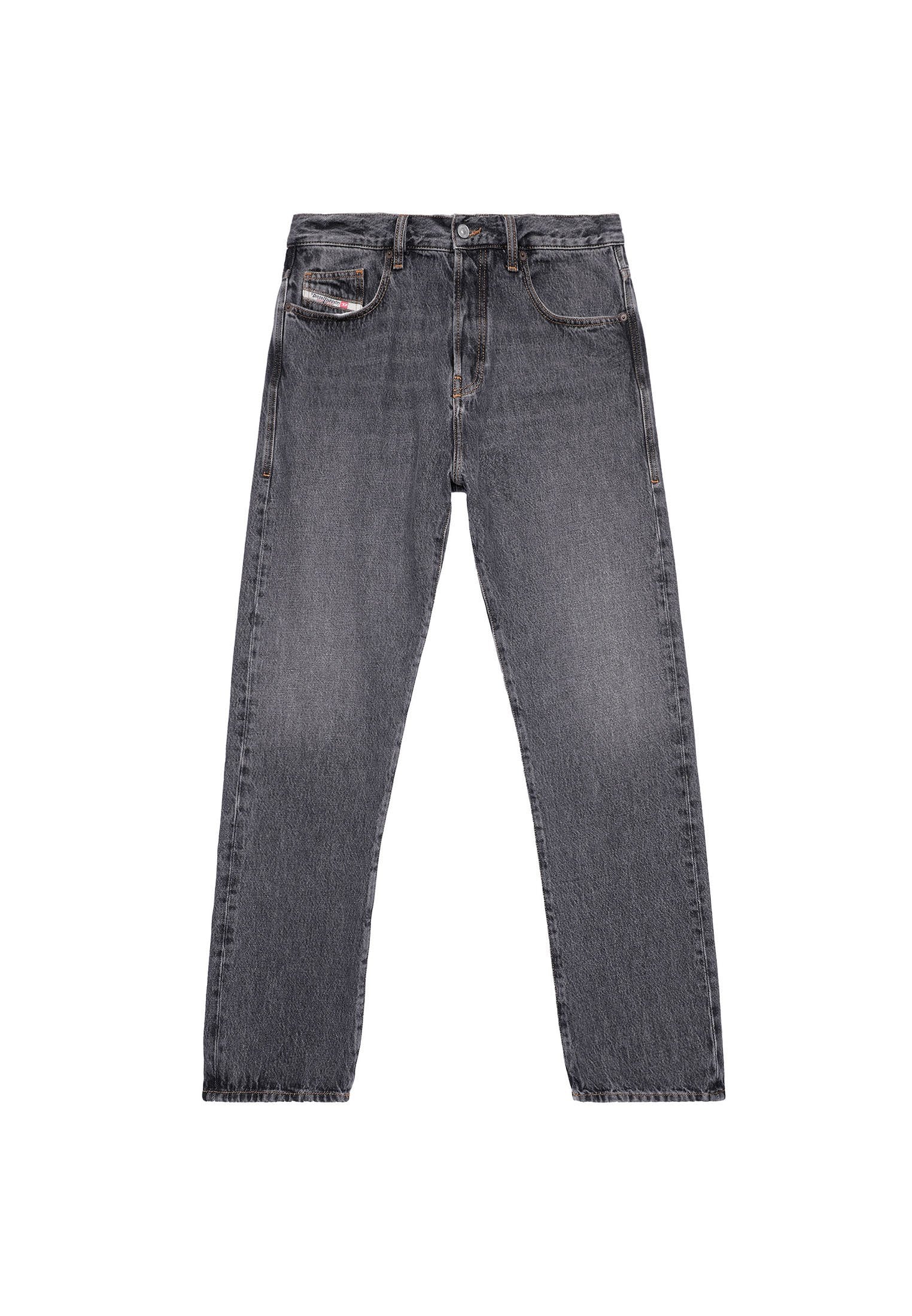 Graue Jeans aus Denim mit geradem Bein, fünf Taschen, Knopfverschluss und dezenten Ausbleichungen für zusätzliche Textur.