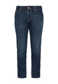 Dunkelblaue Jeans mit geradem Schnitt, gefertigt aus Denim. Verfügt über fünf Taschen, einen Knopfverschluss und kontrastierende orangefarbene Nähte.