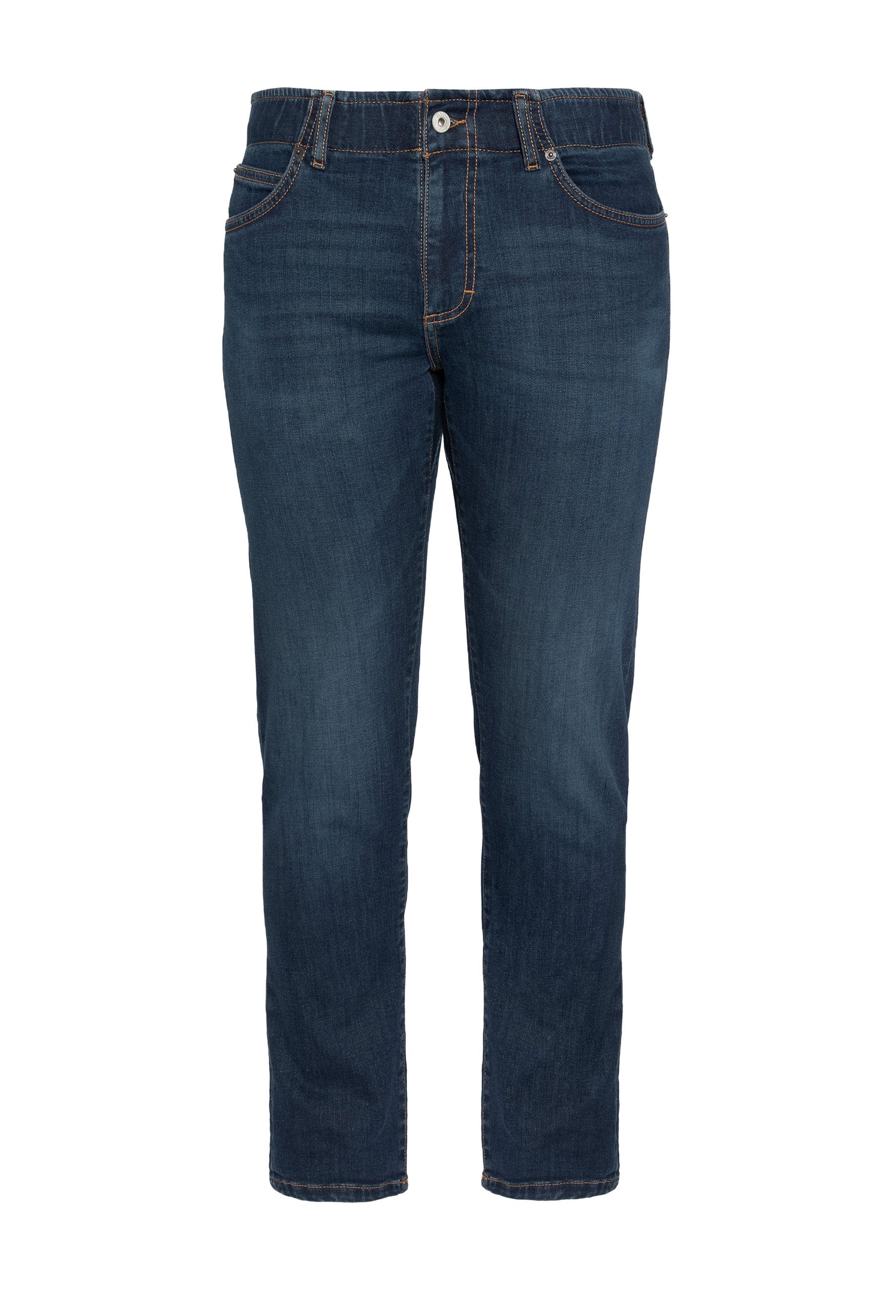 Dunkelblaue Jeans mit geradem Schnitt, gefertigt aus Denim. Verfügt über fünf Taschen, einen Knopfverschluss und kontrastierende orangefarbene Nähte.