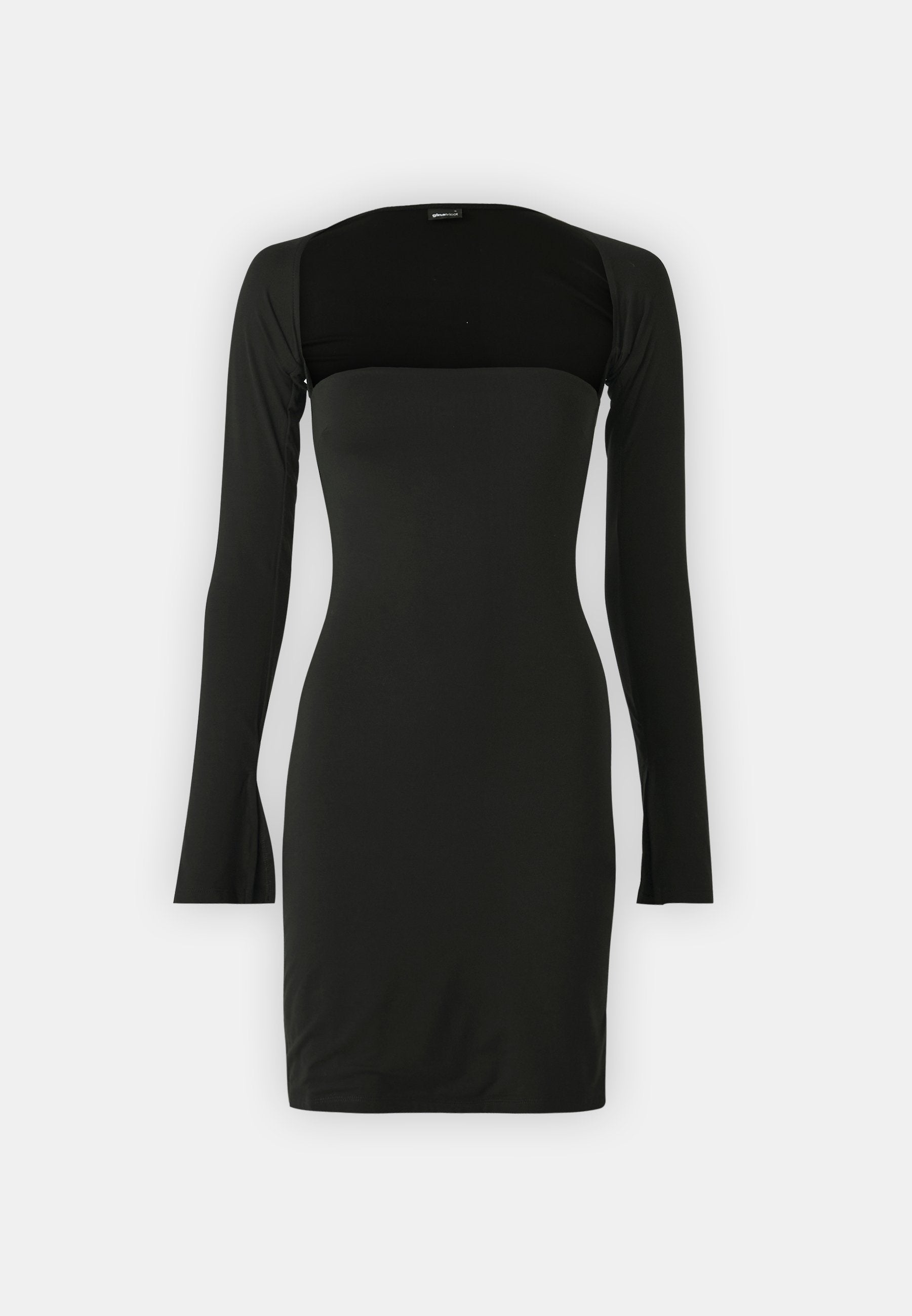 Schwarzes langärmliges Kleid in figurbetontem Design mit quadratischem Ausschnitt. Weicher, dehnbarem Stoff mit glatter Textur. Minimalistischer Stil, keine Muster.