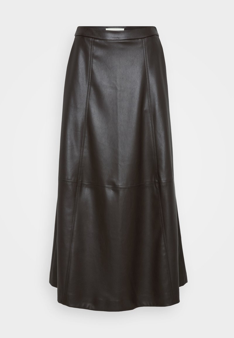Schwarzer Leder-Midi-Rock mit glatter Textur, ausgestelltem Design und vertikalen Nahtdetails, mit tailliertem Bund und subtiler A-Linie.