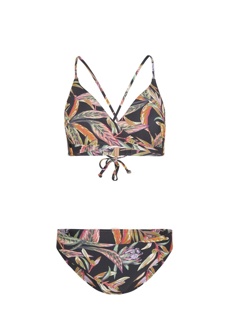 Bikini-Set mit schwarzem Hintergrund und mehrfarbigen tropischen Blattmustern. Der Oberteil hat eine dreieckige Form mit verstellbaren Trägern; die Unterteile sind klassisch geschnitten.