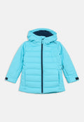 Hellblaue gesteppte Winterjacke mit Kapuze, Frontreißverschluss, verstellbaren Handgelenksriemen und seitlichen Reißverschlusstaschen.