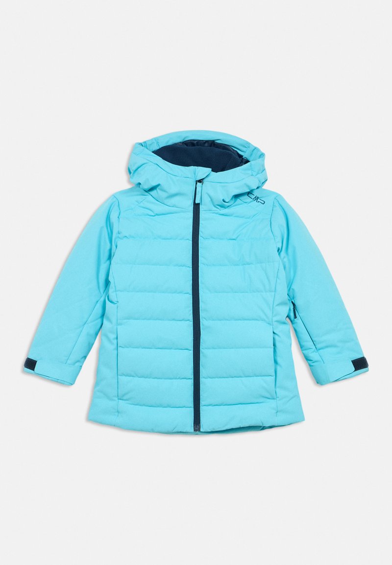 Hellblaue gesteppte Winterjacke mit Kapuze, Frontreißverschluss, verstellbaren Handgelenksriemen und seitlichen Reißverschlusstaschen.