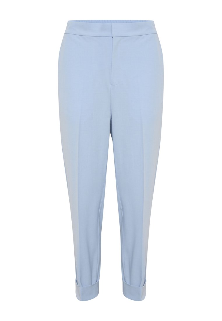 Hellblaue, maßgeschneiderte Hose mit glatter Textur, schmalem Schnitt und umgeschlagenen Säumen. Verfügt über einen verdeckten Reißverschluss vorn und eine elegante Silhouette.