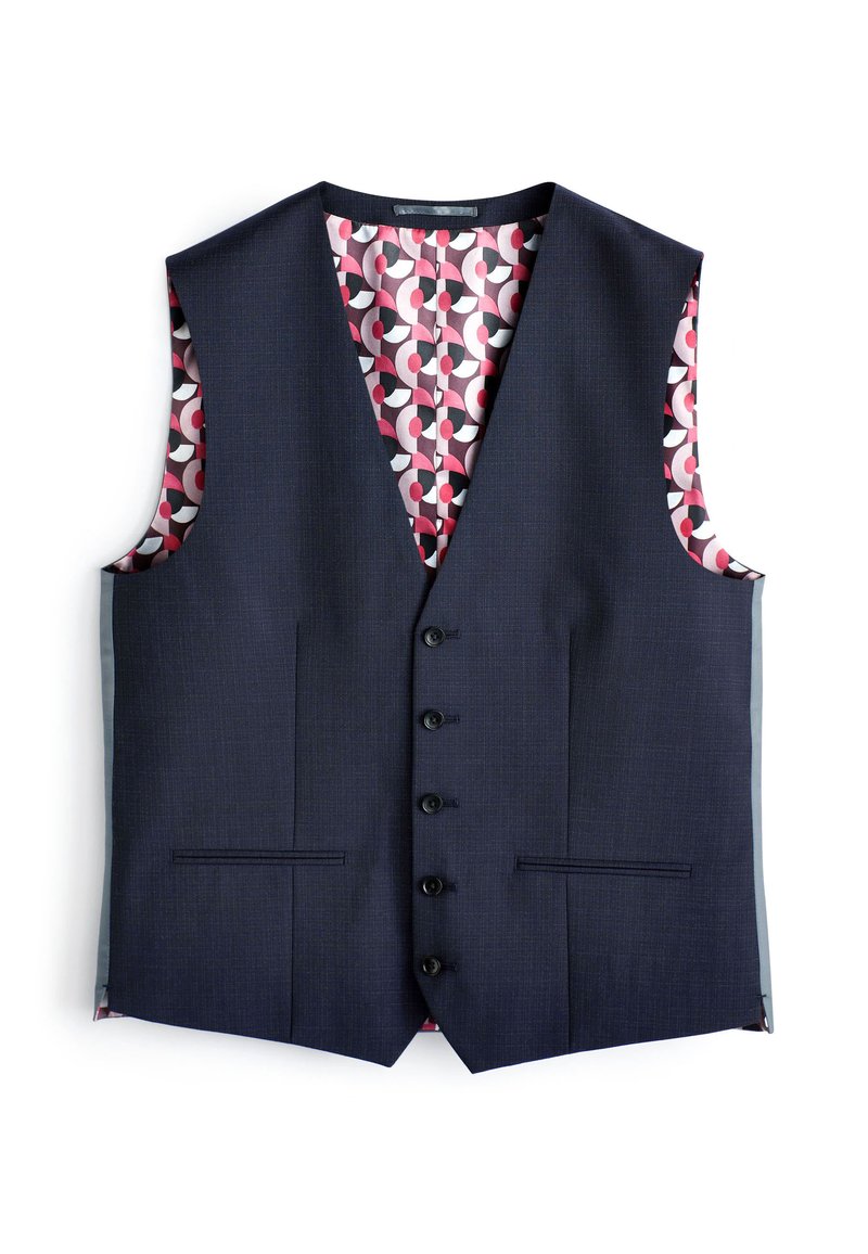 Marineblaues formelles Weste mit vier Knöpfen, zwei Fronttaschen und einem gemusterten inneren Futter in Pink, Weiß und Schwarz mit geometrischem Design.