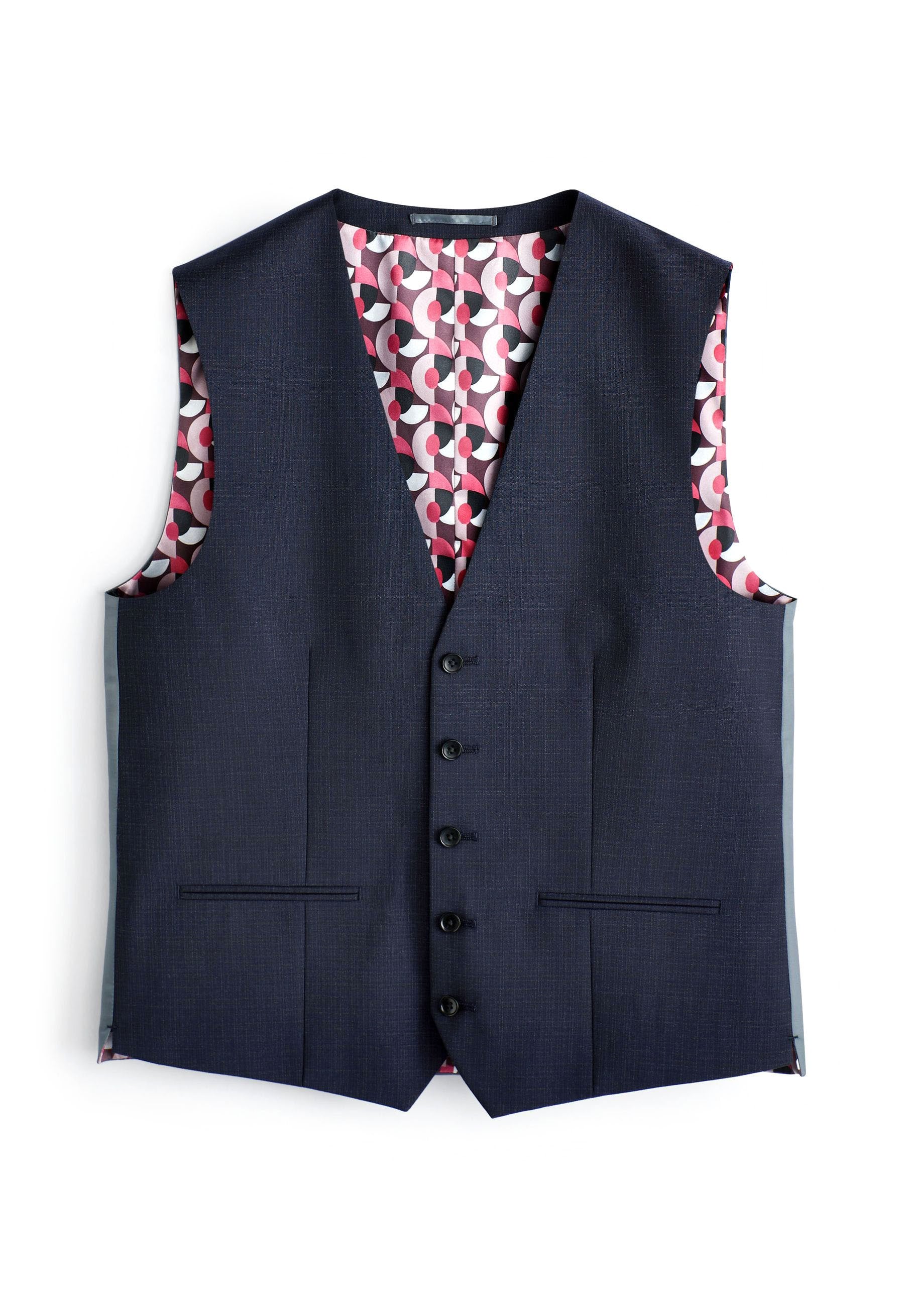 Marineblaues formelles Weste mit vier Knöpfen, zwei Fronttaschen und einem gemusterten inneren Futter in Pink, Weiß und Schwarz mit geometrischem Design.