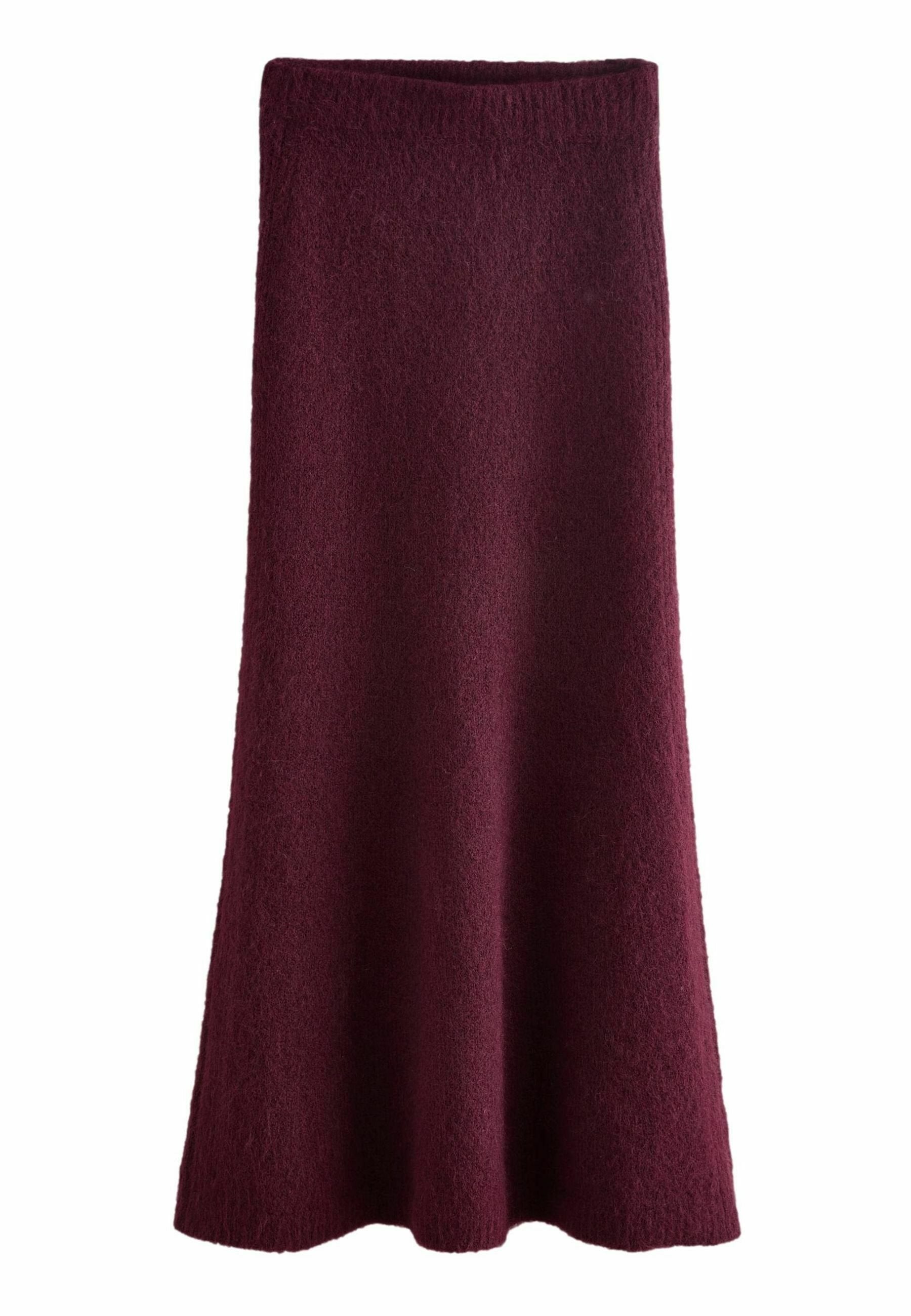 Burgunderfarbener, wollener Strickrock mit strukturiertem Oberflächenmaterial und elastischem Bund. Das Design ist knöchellang und hat eine glatte Silhouette.
