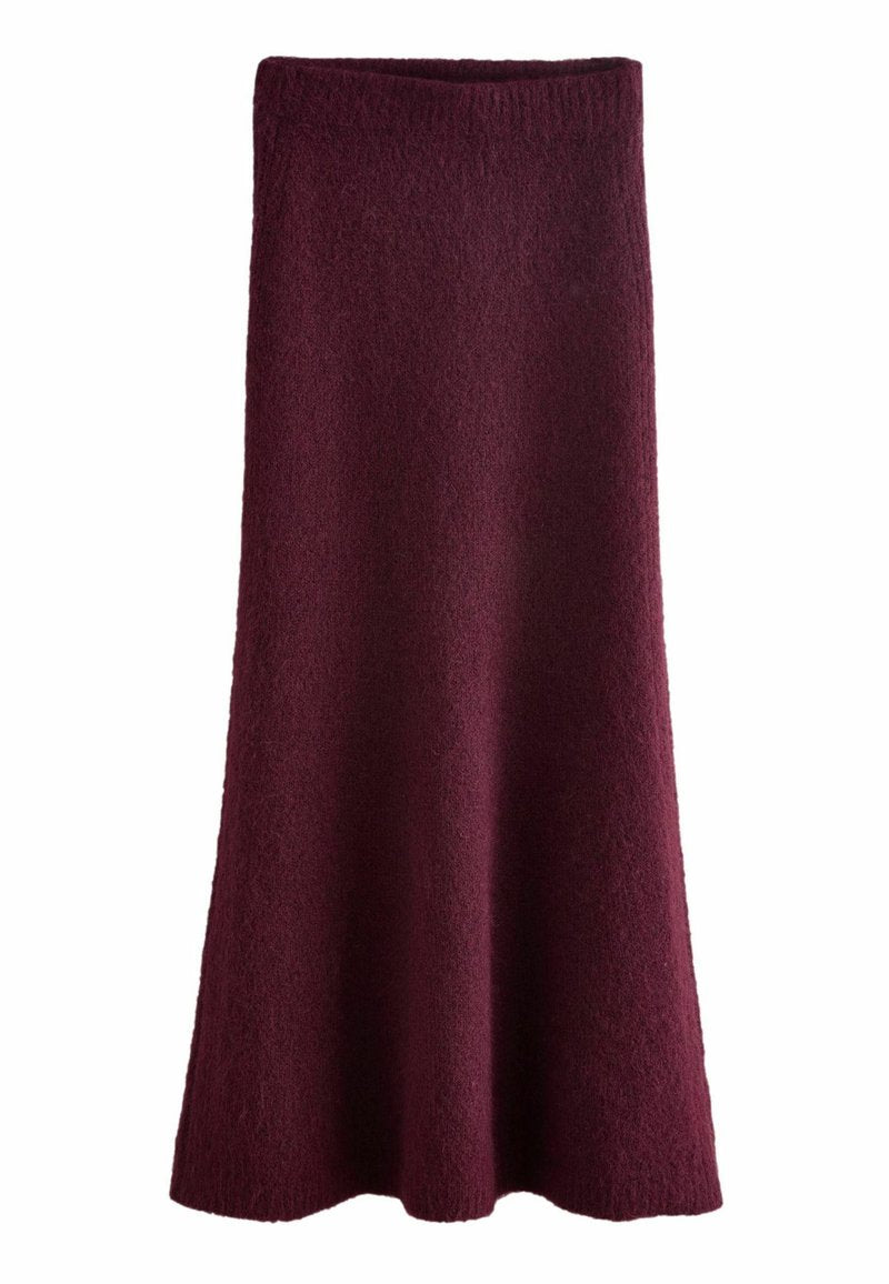 Burgunderfarbener, wollener Strickrock mit strukturiertem Oberflächenmaterial und elastischem Bund. Das Design ist knöchellang und hat eine glatte Silhouette.