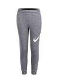 Graue, taillierte Sweatpants mit elastischem Bund und Bündchen, die auf dem rechten Oberschenkel ein weißes stilisiertes Swoosh-Logo aufweisen.