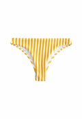 Gelb-weißer gestreifter Bikini-Höschen aus texturiertem Stoff. Verfügt über ein niedrige Taille Design mit gewellten Kanten und glattem Innenfutter.