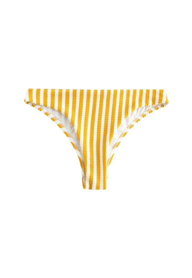 Gelb-weißer gestreifter Bikini-Höschen aus texturiertem Stoff. Verfügt über ein niedrige Taille Design mit gewellten Kanten und glattem Innenfutter.