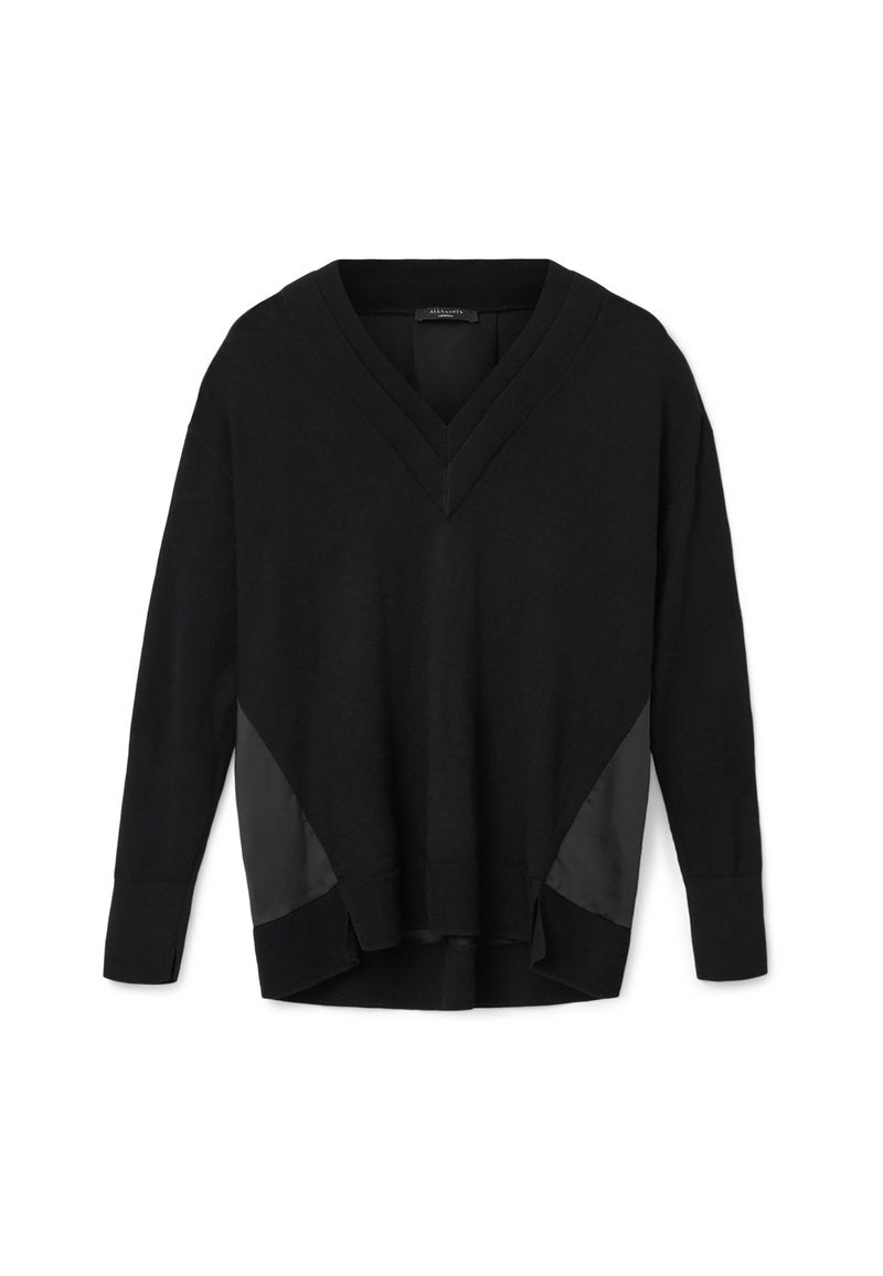 Schwarzer V-Ausschnitt Pullover mit langen Ärmeln, gerippten Bündchen und Saum, mit satinähnlichen Seitenpaneelen und einem entspannten, leicht asymmetrischen Schnitt.