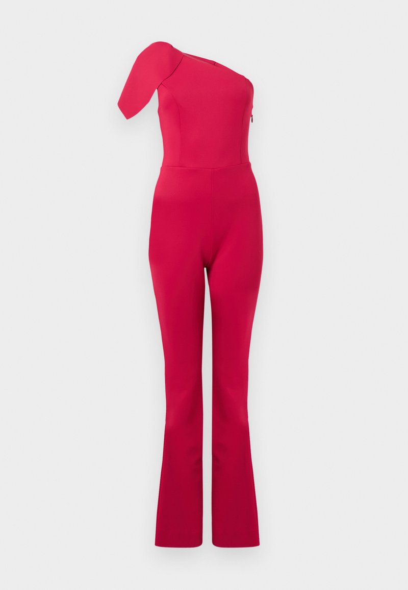 Helles pinkfarbenes Ein-Schulter-Jumpsuit mit figurbetontem Oberteil und ausgestellten Hosen vor schlichtem hellem Hintergrund.