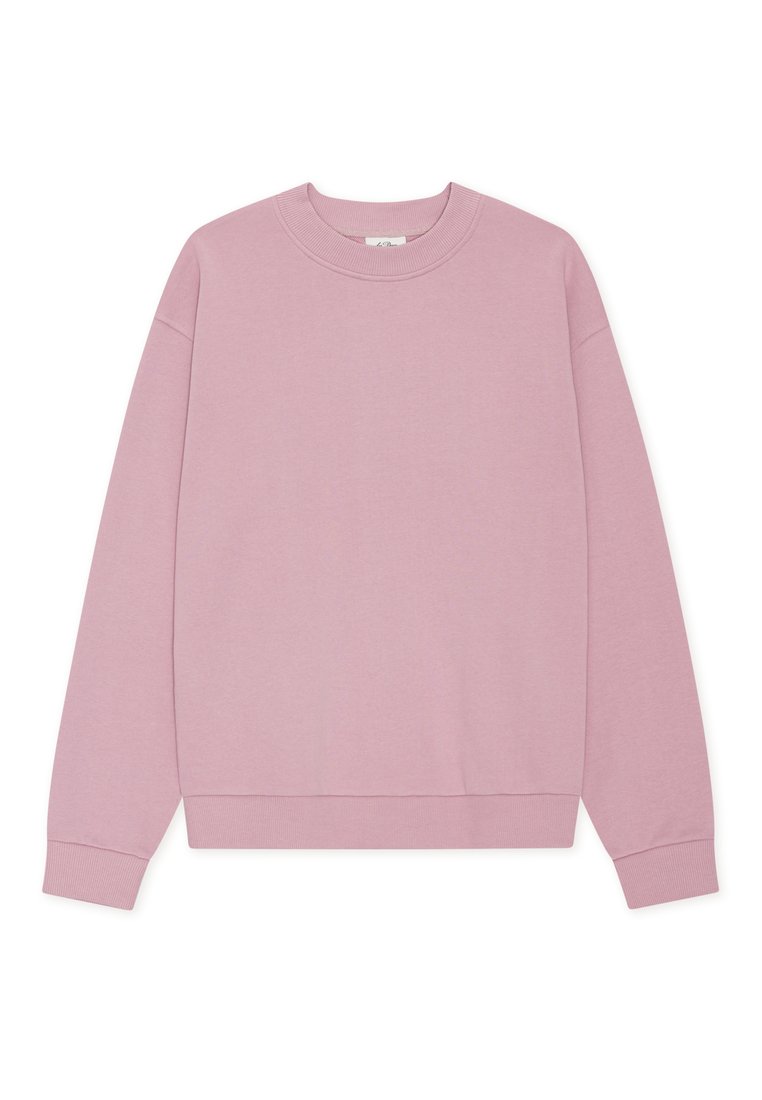 Rosa Sweatshirt aus weichem Material, mit Rundhalsausschnitt, langen Ärmeln, gerippten Bündchen und lockerem Schnitt. Keine Muster oder Grafiken vorhanden.