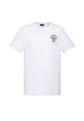 Weißes T-Shirt mit kurzen Ärmeln und Rundhalsausschnitt, mit kleinem schwarzem "Custom Biker Winall Schott NYC"-Logo auf der linken Brustseite.