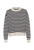 Gestreifter Pullover in navy und creme, mit geripptem Rundhalsausschnitt und langen Ärmeln in lockerem Schnitt. Weicher Strickstoff.