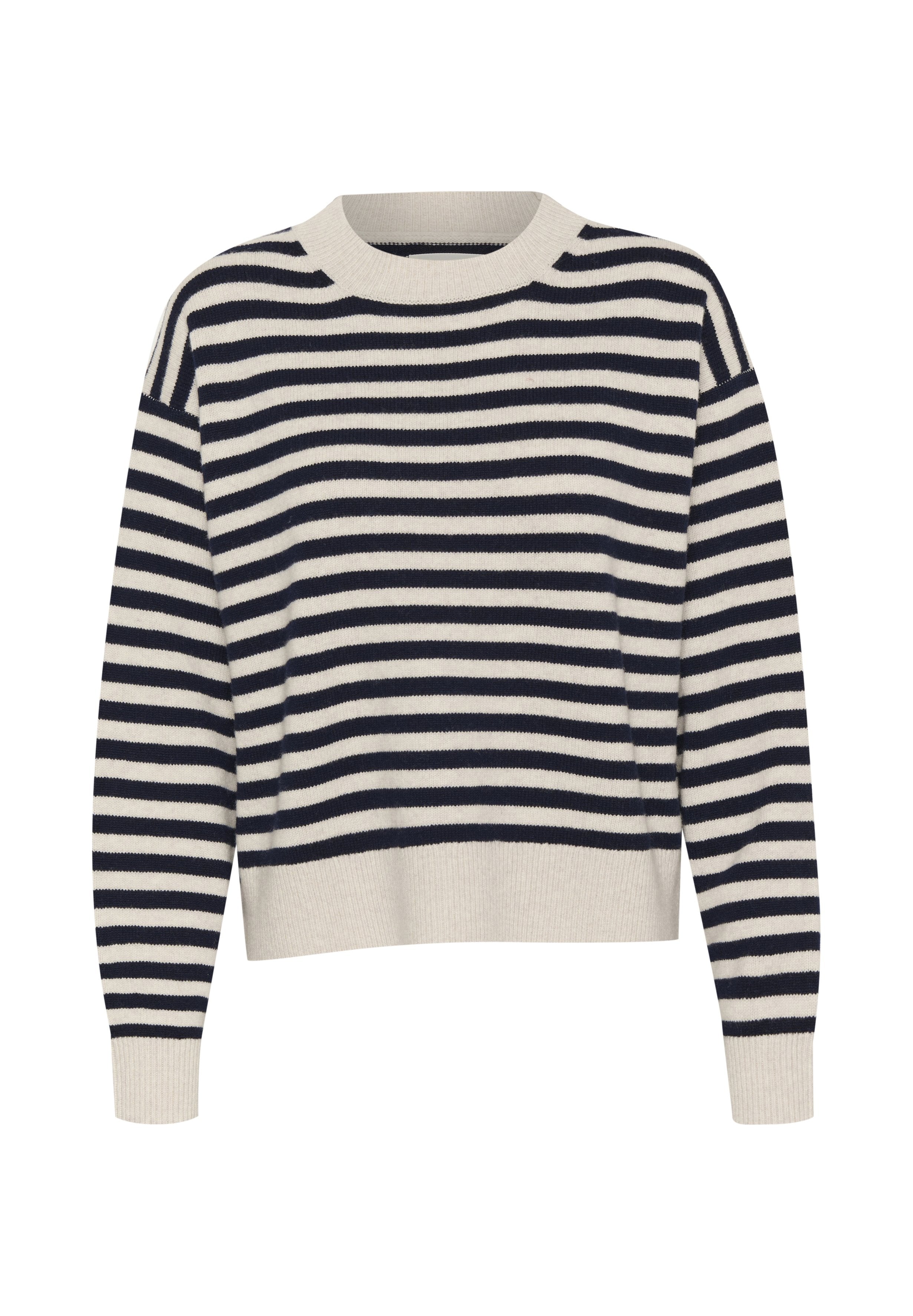 Gestreifter Pullover in navy und creme, mit geripptem Rundhalsausschnitt und langen Ärmeln in lockerem Schnitt. Weicher Strickstoff.