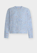 Hellblauer Pullover mit strukturierter Optik und mehrfarbigen Sprenkeln. Rundhalsausschnitt und lange Ärmel.