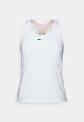 Weißes Sport-Tanktop aus glattem, leichtem Stoff. Verfügt über einen runden Ausschnitt und ein schwarzes Nike-Logo auf der Vorderseite.
