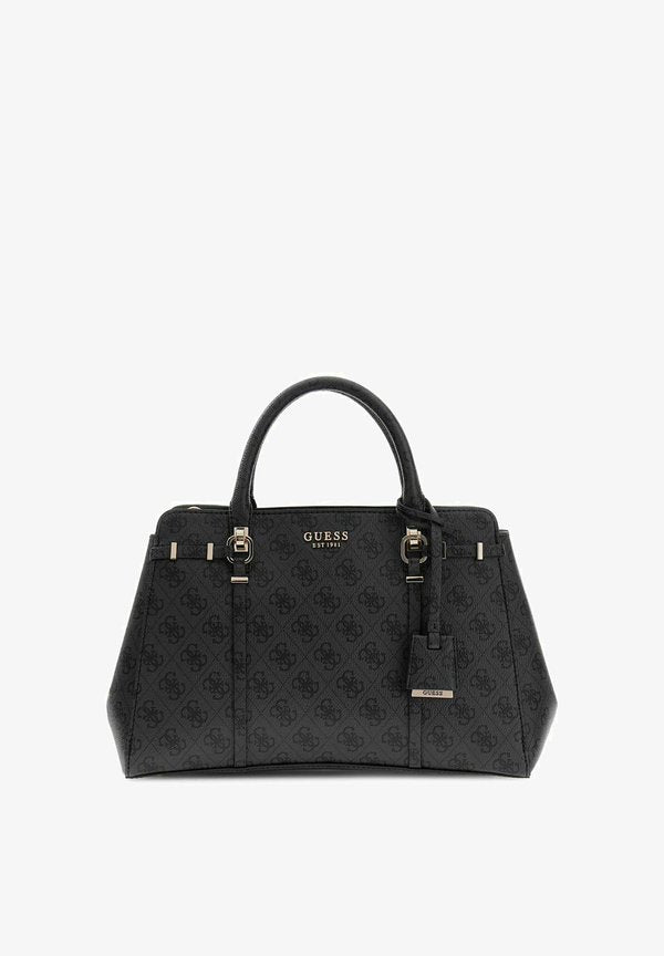 Guess LEONA LOGO MULTI COMPARTMENT SATCHEL - Handbag - coal logo
