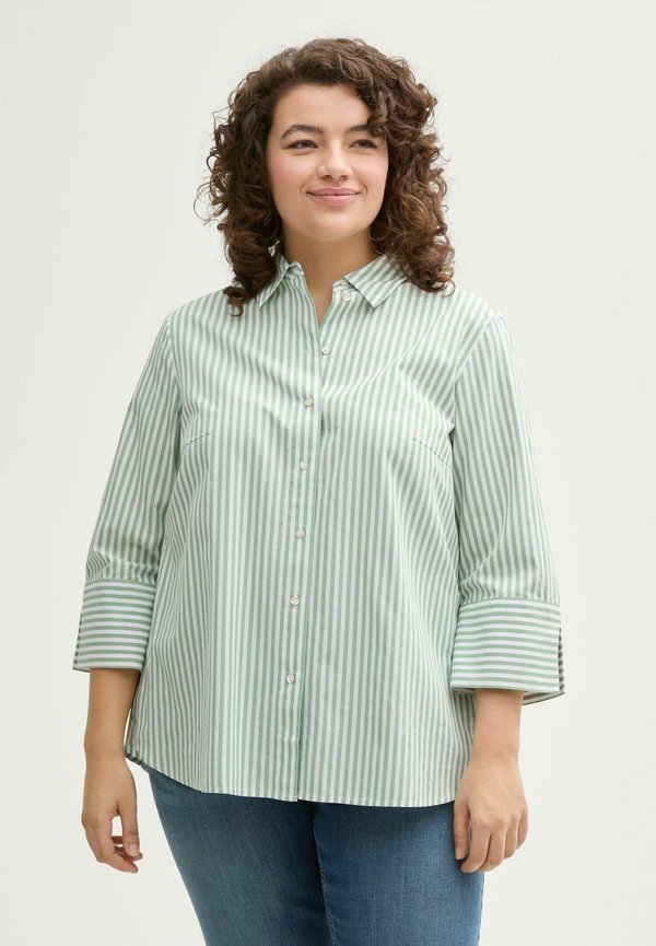 TOM TAILOR PLUS SIZE - MIT STREIFENMUSTER - Button-down blouse - mid green white stripe