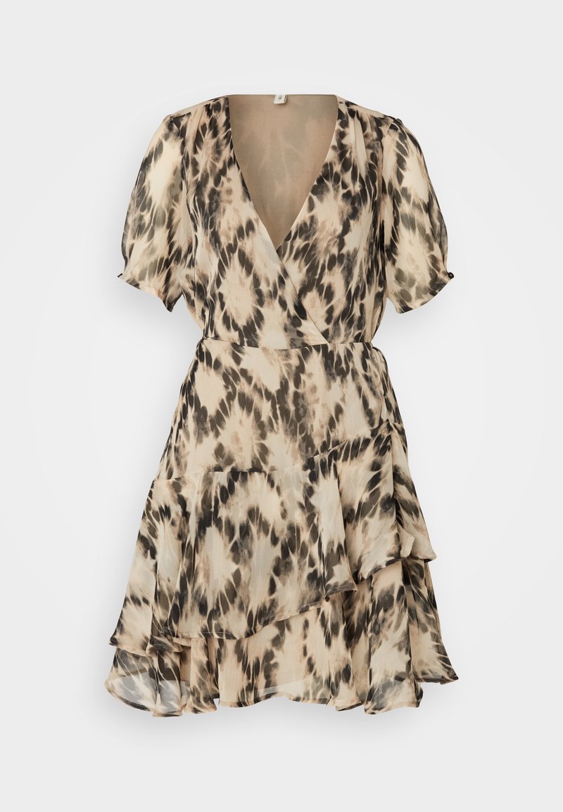 Kurzes Kleid mit Wickeldesign, kurzen Ärmeln, tiefem V-Ausschnitt und Schichten aus Rüsche-Gewebe im beige-schwarzen Tiermuster.