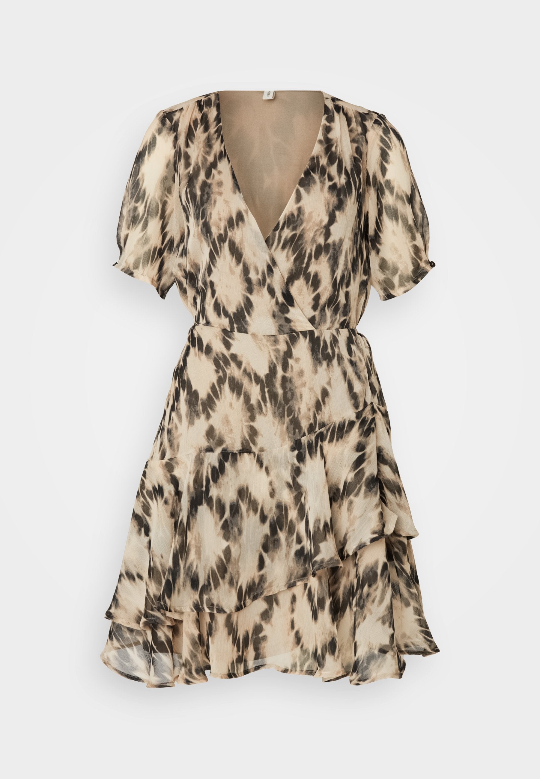 Kurzes Kleid mit Wickeldesign, kurzen Ärmeln, tiefem V-Ausschnitt und Schichten aus Rüsche-Gewebe im beige-schwarzen Tiermuster.