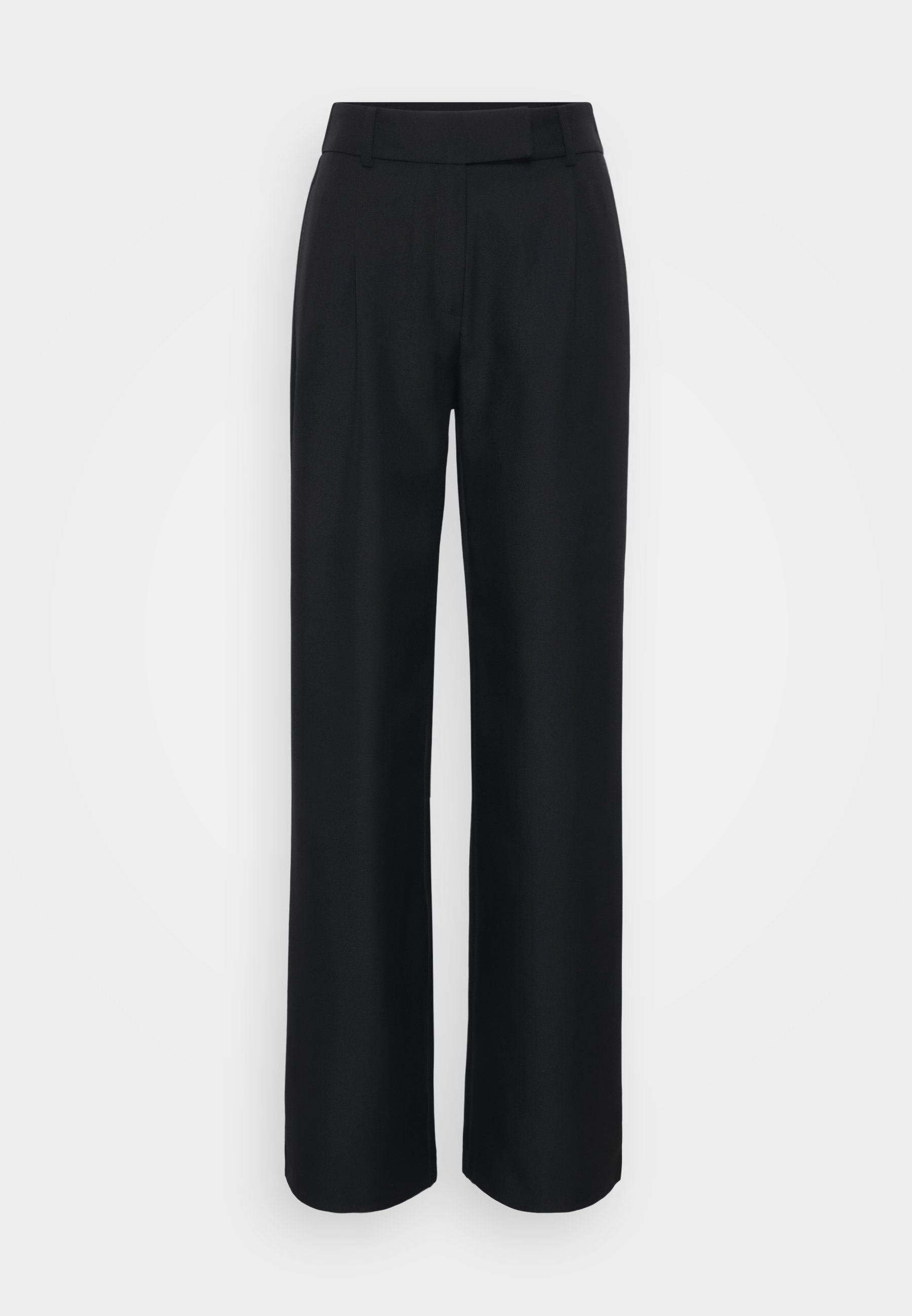 Schwarze weite Hosen aus glattem Stoff, mit hoher Taille und dezenten vorderen Falten; keine sichtbaren Muster oder Metallteile.