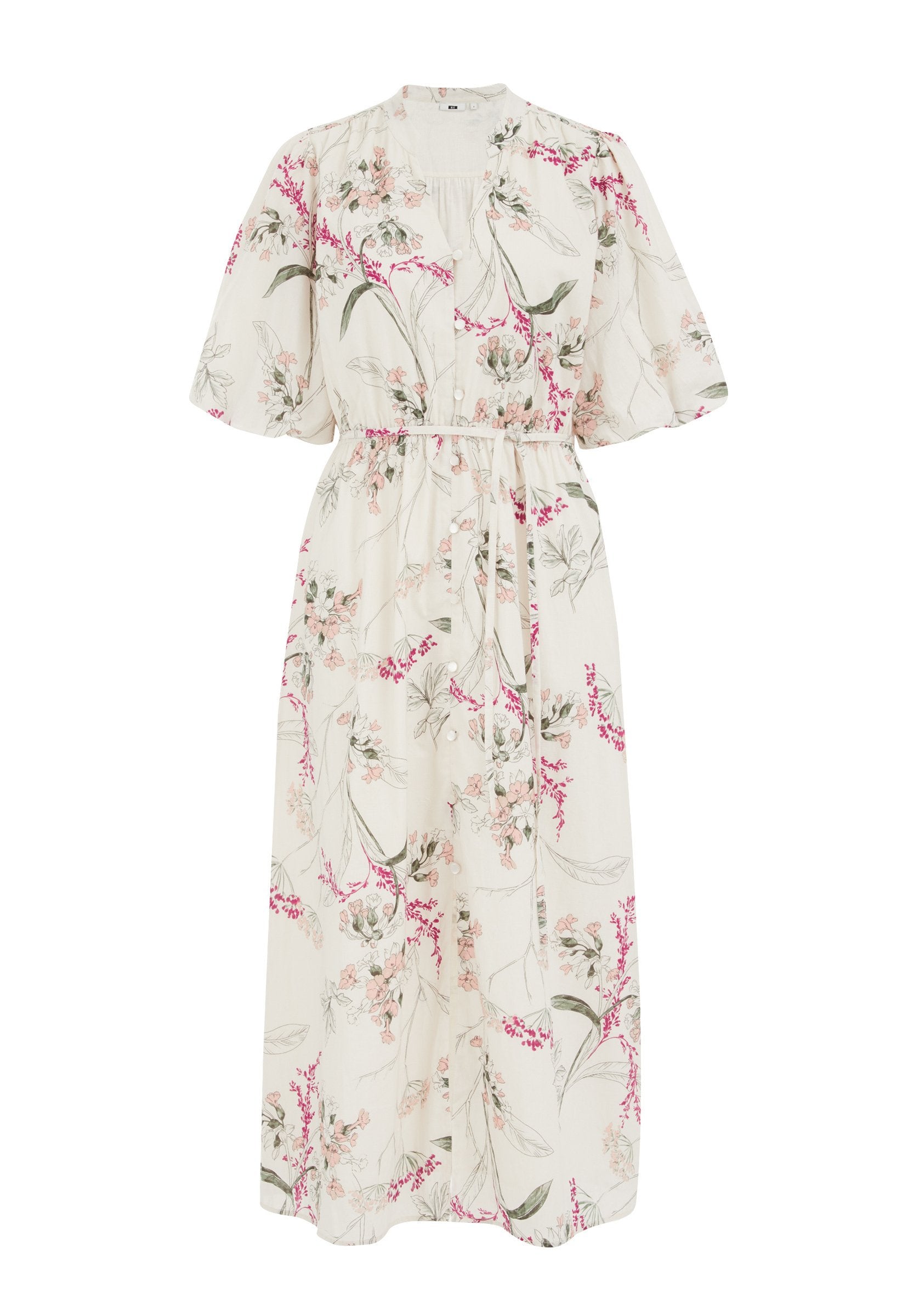 Blumen-Midi-Kleid aus weichem weißem Stoff mit rosa und grünen Blumenmustern. Mit kurzen Puffärmeln und einer taillierten Taille mit Bindebändern.