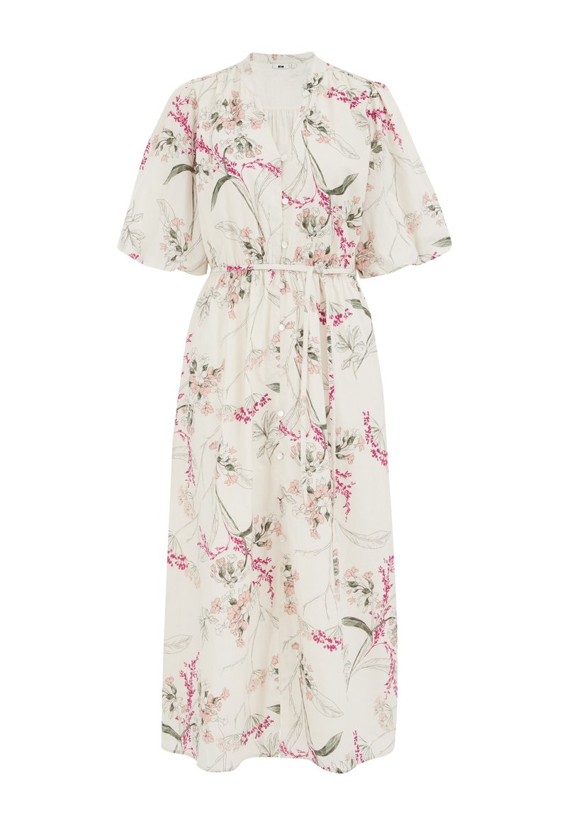 Blumen-Midi-Kleid aus weichem weißem Stoff mit rosa und grünen Blumenmustern. Mit kurzen Puffärmeln und einer taillierten Taille mit Bindebändern.