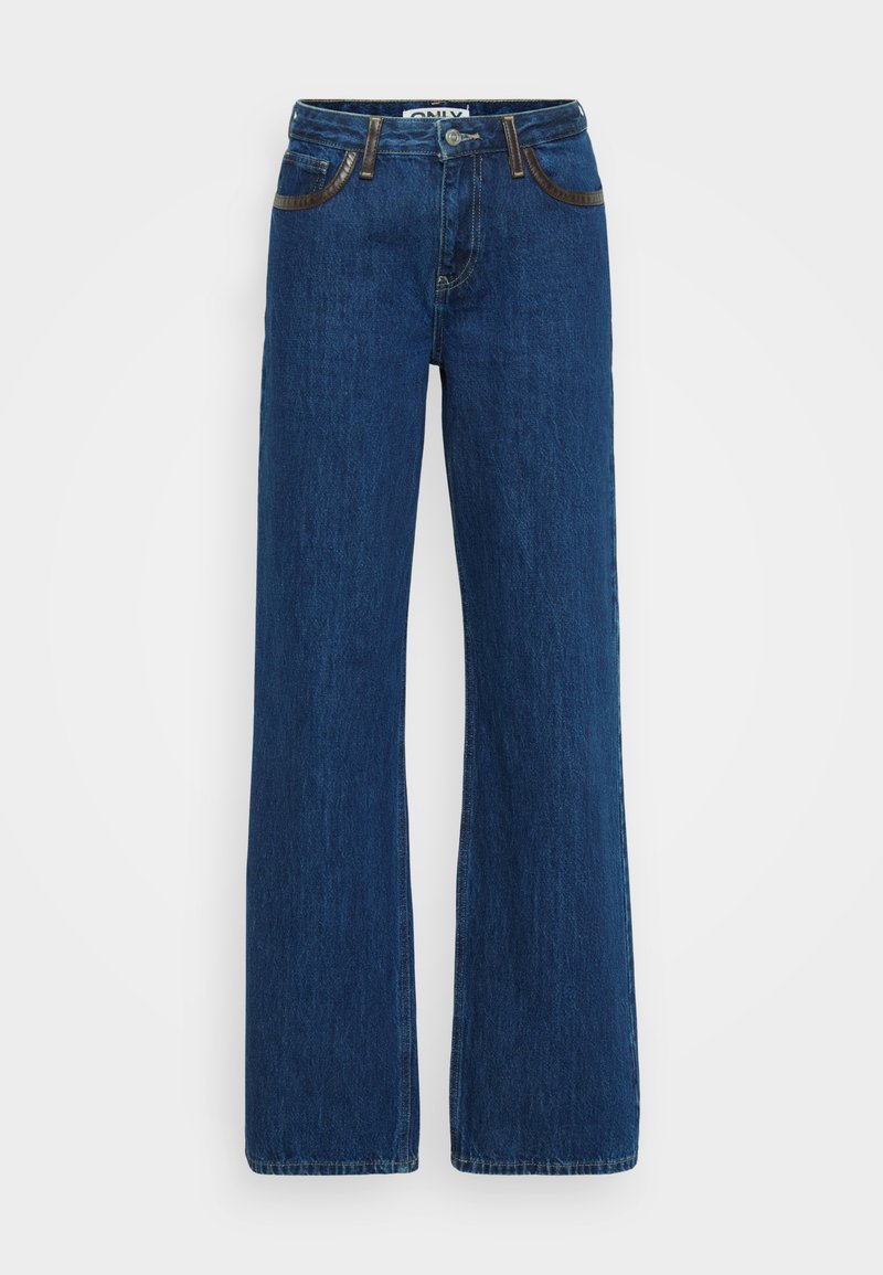 Blaue Jeans im Schlagstil aus Denim mit kontrastierenden Nähten, Fünf-Taschen-Design und Reißverschluss. Der Stoff hat eine weiche Textur mit leichten Verblassungen.