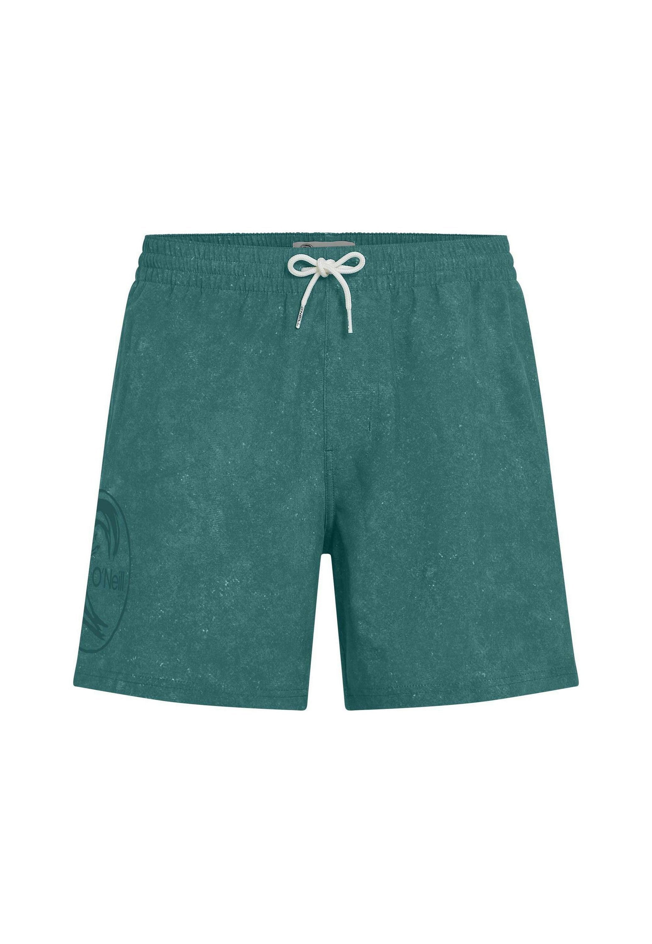 Türkisfarbene Badeshorts mit elastischem Bund und weißem Kordelzug, versehen mit einem dezenten Logo am unteren linken Bein.