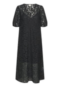 Schwarzes Spitzekleid mit V-Ausschnitt und kurzen Ärmeln. Verfügt über florale Muster und eine lockere, fließende Silhouette. Leichter Stoff.