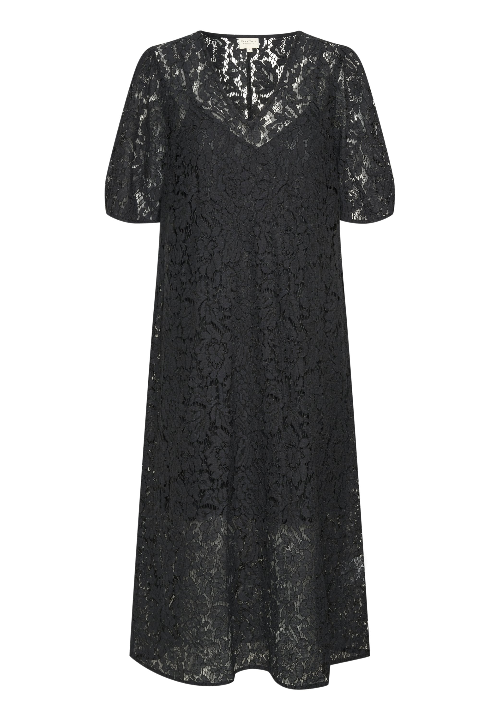 Schwarzes Spitzekleid mit V-Ausschnitt und kurzen Ärmeln. Verfügt über florale Muster und eine lockere, fließende Silhouette. Leichter Stoff.
