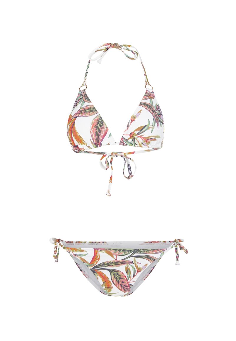 Bikini-Set mit einem dreieckigen Oberteil und einem seitlichen Bindeband-unterteil, aus glattem Stoff mit einem tropischen Blattmuster auf weißem Hintergrund.