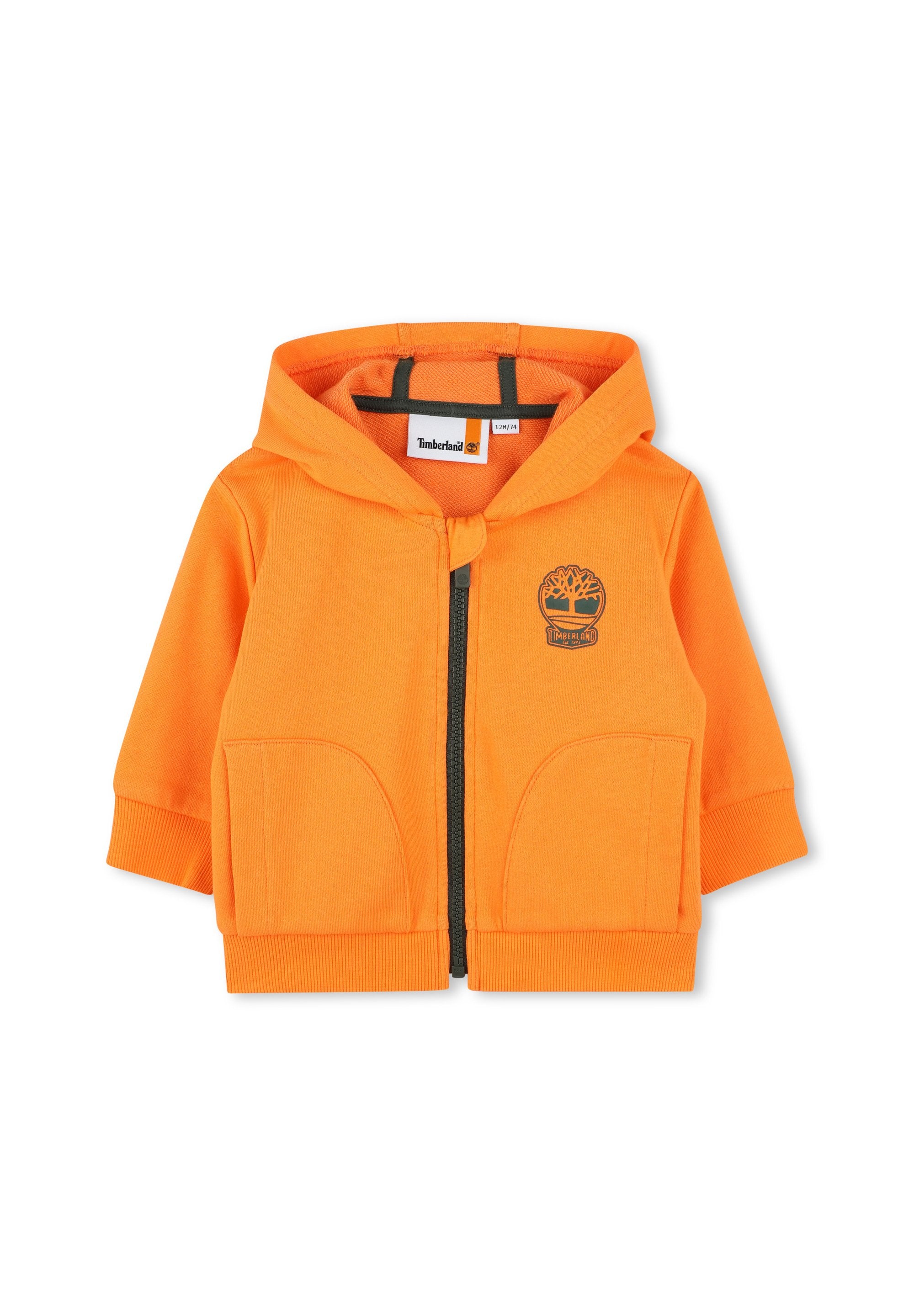 Orange Kapuzenpullover aus Baumwolle mit einem Frontreißverschluss, zwei großen Taschen, gerippten Bündchen und einem Timberland-Logo auf der Brust.
