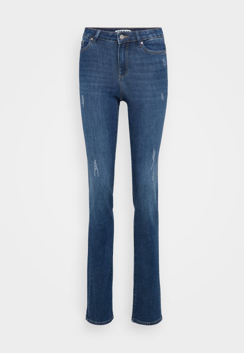 Blaue hochgewrungene Slim-Fit-Jeans mit leichter Abnutzung an den Oberschenkeln und Kniebereichen, ausgestattet mit Vordertaschen und Knopfverschluss.