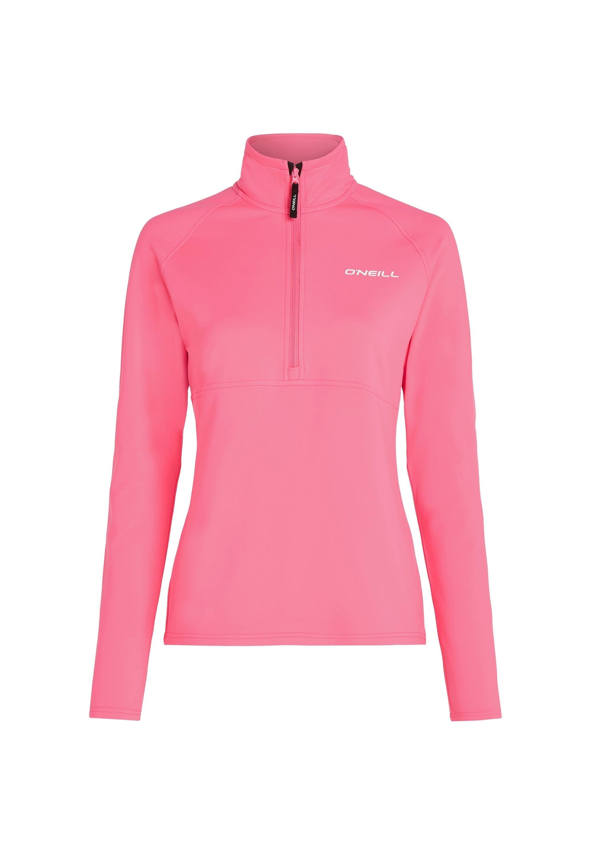 Langärmliger Pullover in leuchtendem Pink mit einem Halb-Reißverschlusskragen, aus glattem, leichtem Stoff gefertigt, mit einem weißen O'Neill-Logo auf der Brust.
