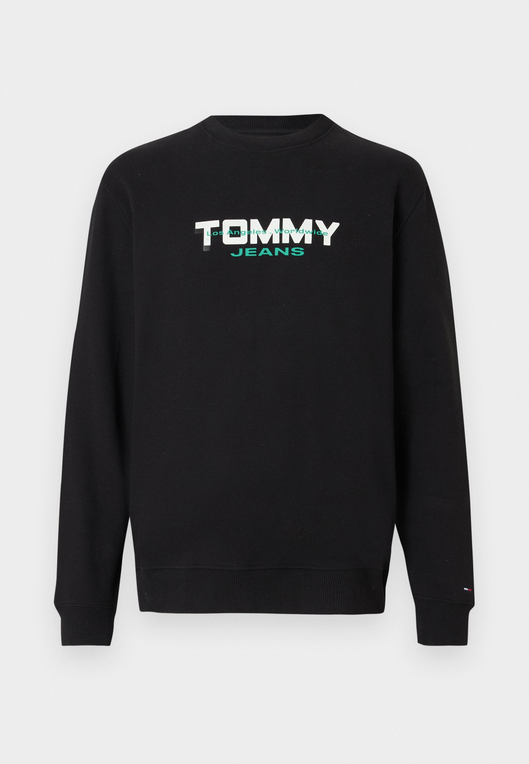 Schwarzer Pullover mit Rundhalsausschnitt, mit weißem und türkisfarbenem "TOMMY JEANS"-Logo. Gerippte Bündchen und Saum, weiche Stofftextur.