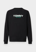 Schwarzer Pullover mit Rundhalsausschnitt, mit weißem und türkisfarbenem "TOMMY JEANS"-Logo. Gerippte Bündchen und Saum, weiche Stofftextur.