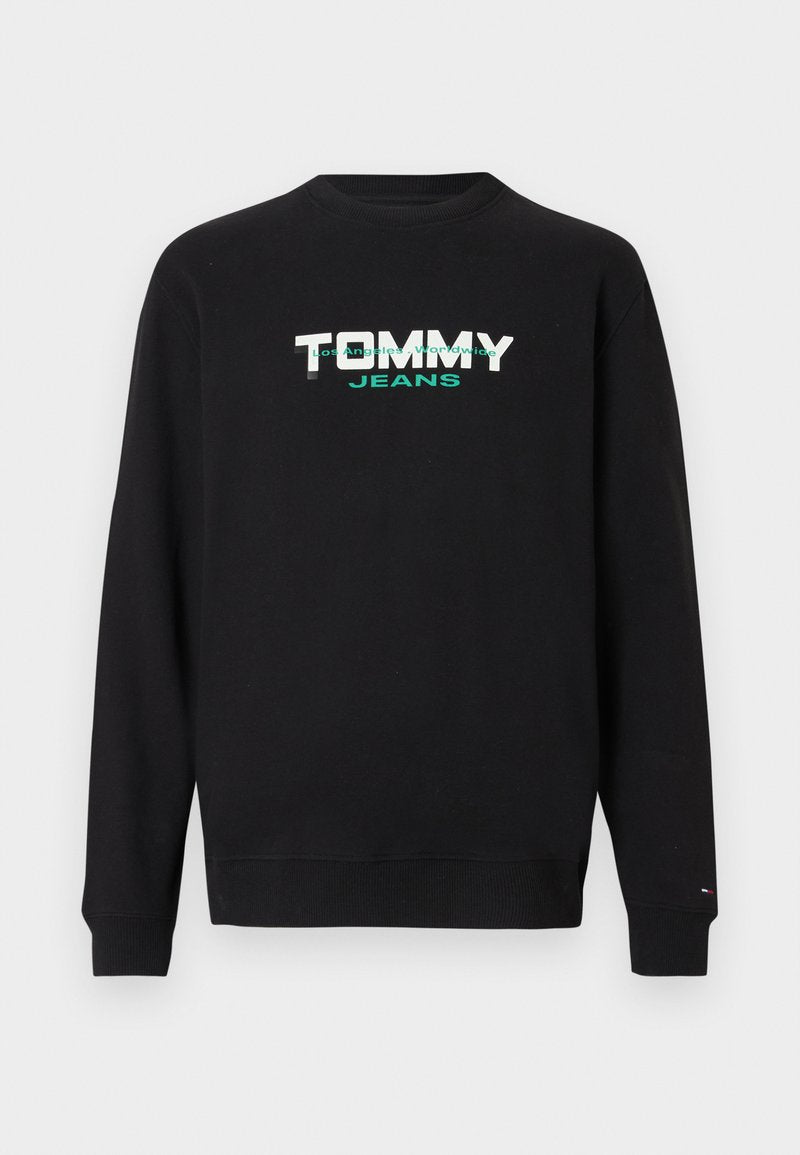 Schwarzer Pullover mit Rundhalsausschnitt, mit weißem und türkisfarbenem "TOMMY JEANS"-Logo. Gerippte Bündchen und Saum, weiche Stofftextur.