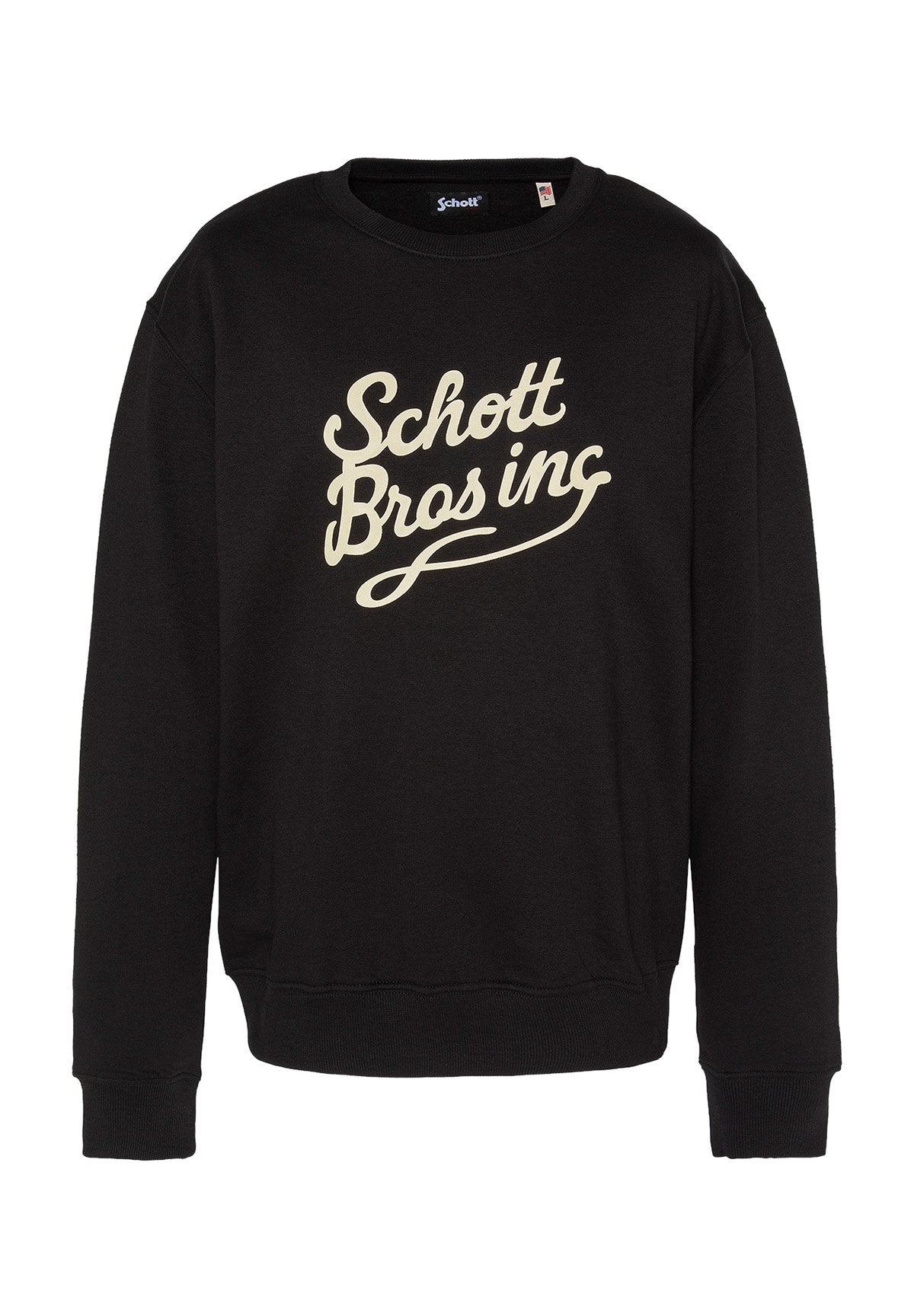 Schwarzer Sweatshirt aus Baumwolle, mit einem cremefarbenen "Schott Bros inc" Grafik auf der Vorderseite, Rundhalsausschnitt und gerippten Bündchen und Saum.