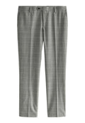 Grau karierte Hose mit lockerem Schnitt, flachem Bund, zwei Seitentaschen und einem Knopfverschluss. Hergestellt aus strukturiertem Stoff.